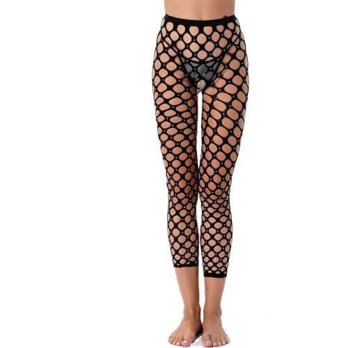 Sexy Rhinestone Stockings Women Hollow Out Fishnet Cropped Pants Mesh Leggings Temptation Erotic Thigh High Pantyhose Lingerie