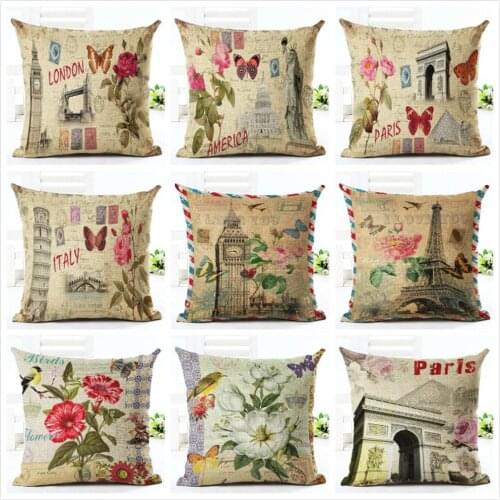 Retro style painting, flowers, building back cushion cover, art sofa pillowcase, pillow, home accessories cover decoration