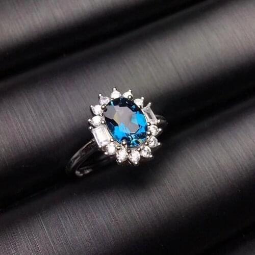 Natural blue topaz gem Ring Natural gemstone ring S925 sterling silver trendy Elegant round Diana women girl party gift Jewelry
