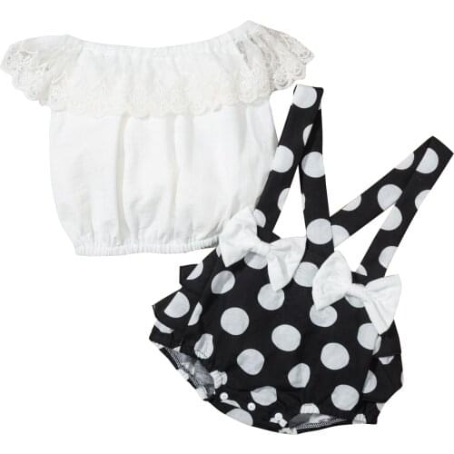 OPPERIAYA 2Pc Baby Summer Outfit Solid Color Lace Off-Shoulder Elastic Tops Dot Bib Shorts for Toddler Baby Girls 6-24 Months