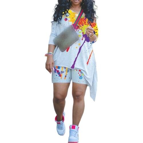 2021 Best Selling Womens tracksuit Solid Color Striped Suits Two Piece Splash Ink Print Colorblock Long Sleeve Top & Shorts Set