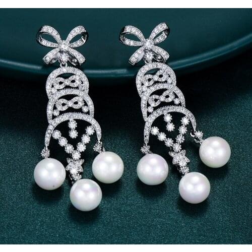 Missvikki Trendy Bohemia Korea Bridal Wedding Pearls Pendant Earrings Full Charm Cubic Zirconia 2021 New Design Women Jewelry