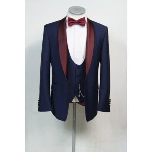 Latest Coat Pants Designs Navy Blue Groom Tuxedo Burgundy Shawl Lapel Blazer 3 Piece Mens Wedding Prom Dinner Party Suits Terno