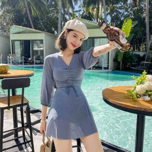 2021 New Long-Sleeved Drawstring Elastic V-Neck Bow Tie Low-Cut Bright Silk Sexy Back Hollow Small Fresh Hot Spring Swimwear