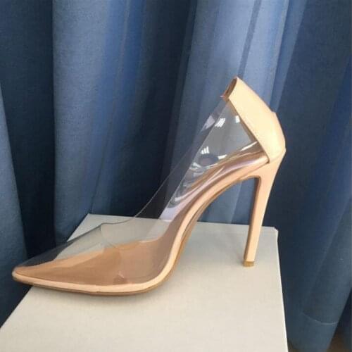 Newest Nude Patent Leather Wedding Shoes Bride Pointed Toe PVC Transparent Pumps Women Shoes Stiletto Heels Clear Shoe Plus Size