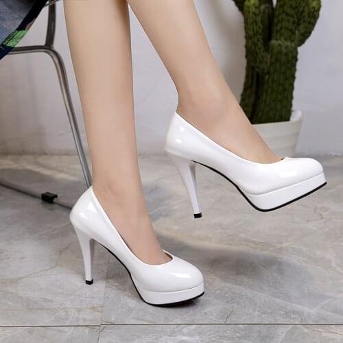 New European and American fashion patent leather platform 7cm high heels wild shallow mouth large size high heels