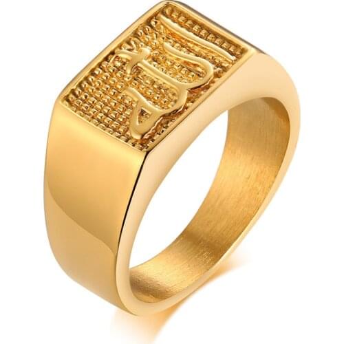 Retro Allah Square Signet Rings for Men Gold Tone Stainless Steel Letter Stamp Anel Masculino Mohammedan Moslem Jewelry Gift