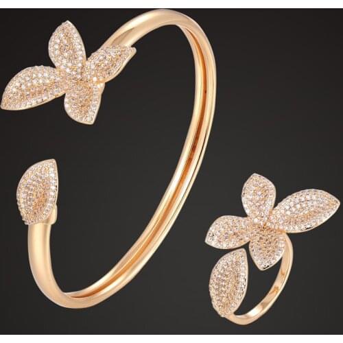 Zlxgirl luxury brand butterfly copper bangle with rings full zircon micro pave setting wedding Bangle&bracelet jewelry sets