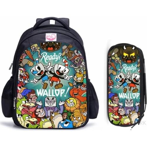 16 Inch Cuphead Game Mugman Children School Bags Orthopedic Backpack Kids Boys Girls Mochila Infantil Cartoon Bags