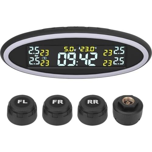 12V USB Tire Pressure Monitoring System Car TPMS LCD Display Pressure Alarm with Atmosphere Alert Lamp External Sensor
