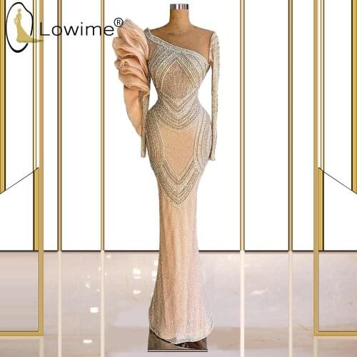 Vintage Muslim Champagne Long Sleeves Mermaid Evening Dresses Sparkly Saudi Arabia Middle East Formal Women Prom Party Gowns