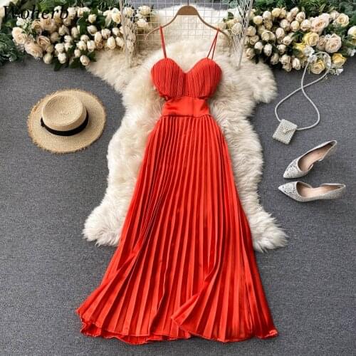 Woherb Elegant Sleeveless Strapless Maxi Dress Women Sexy Waist Hollow Out Spaghetti Dresses 2021 Summer New Pleated Vestidos