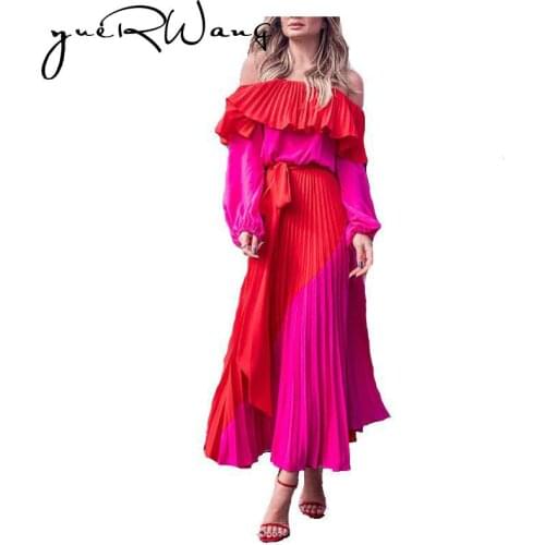 YuerWang Women Dress Slash Off Shoulder Dresses Evening Party Dress Plus Size Summer Dresses Bandage Pleated Long Red Dress 2021