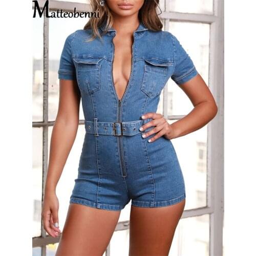 2121 Summer Women Zipper V Neck Short Sleeve Denim Jumpsuit Ladies Sexy High Waist Casual Jeans Playsuit Washed Belt Jean Romper