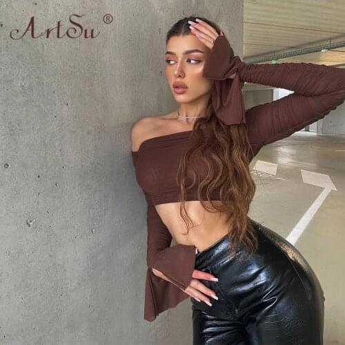 ArtSu Autumn 2021 New Flare Sleeve Brown Women Sexy Mesh Top Skinny Off Shoulder Crop Top Tshirts High Street Tee Shirt Femme