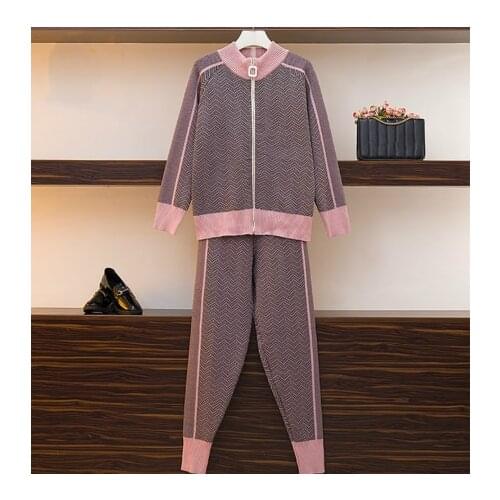 High Quality New Winter Woman Tracksuit Geometric stripeTurtleneck Zipper Knitted Cardigans+Women Two piece Pants Sets