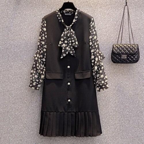 5XL plus size women chiffon flower print vintage dress autumn winter 2021 long sleeve Patchwork bow button Fake two dresses