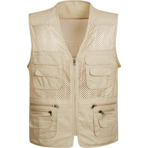 Summer Mens Casual Vest With Multi Pockets Cotton Men Vests Male Sleeveless Mesh Zipper Waistcoat