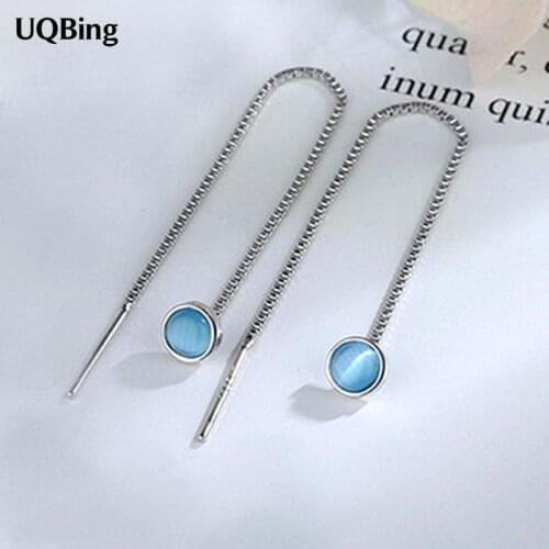 Long 925 Sterling Silver Blue Round Opal Ear Line Earrings For Women Jewelry Gifts Wholesale
