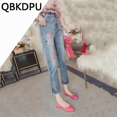 Vintage Embroidery split Ankle-Length Jeans Women Fashion Casual slim Summer plus size Harem pants Ladies Denim Do old Jeans