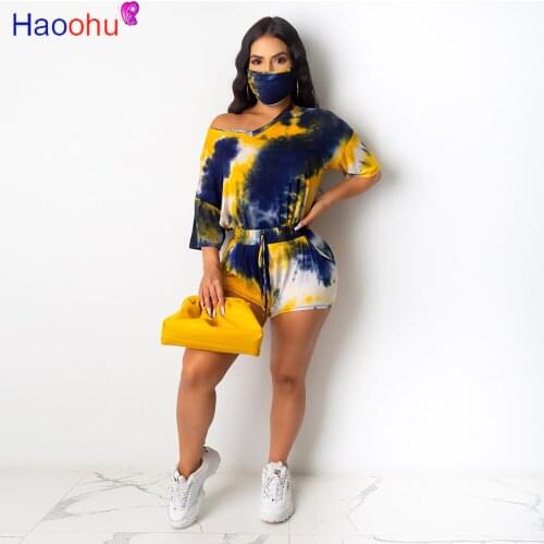 HAOOHU Women With Mask Tie Dye Print Tee Tops Shorts Jogger Suit Sport Two Piece Set Fashion Tracksuit Matching Set Outfit