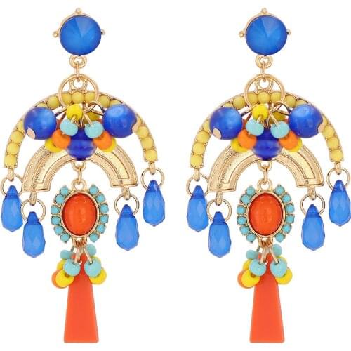 HYSECMAO Fashion Geometric Gold Color Metal Drop Earrings Colorful Resin Beads Statement Jewelry Vintage Bohemia Hanging Earring