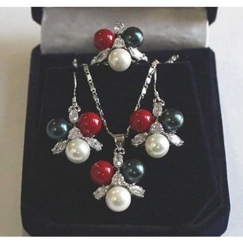 Fashion jewelry Free Shipping 8mm Black White Red South Sea Shell Pearl Crystal Earrings Pendant Ring A Set
