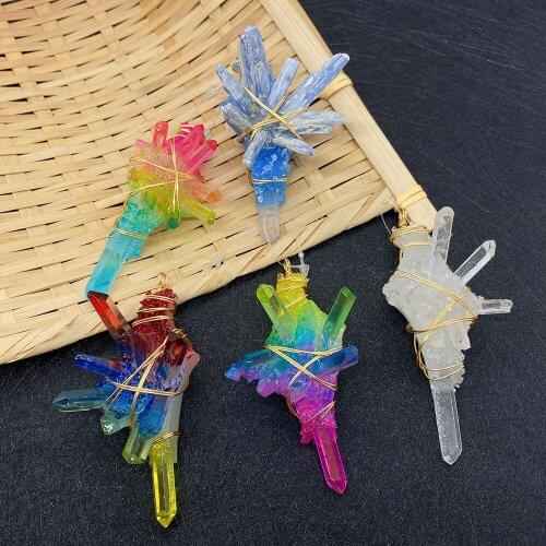 Natural Stone Pendant Necklace Colorful Gradient Copper Wire Winding Crystal Irregular Quartz Suitable for DIY Gift Making