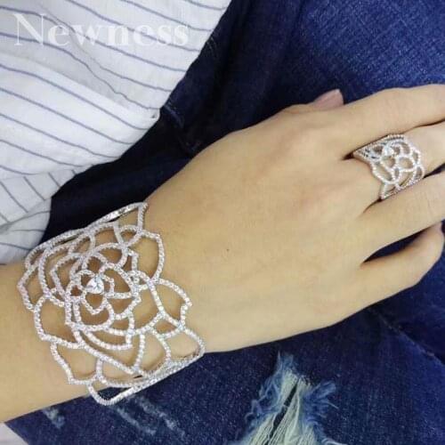 Newness Luxury Flower Line Rose Cubic Zirconia Party Wedding Women Party Engagement Width Bracelet Bangle And Ring Set