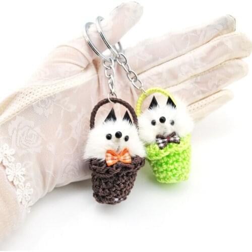 Fluffy Genuine Mink Rabbit Fur Basket Puppy Keychain Women Cute Girls Pompom Raccoon Key Chain On Bag Car Trinket Wedding Gift