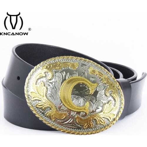 New Style Genuine Leather Men Belt Fashion Alloy Letter C Buckle High Quality Luxury Cowhide Casual Punk Cowboy Strap Ceintures