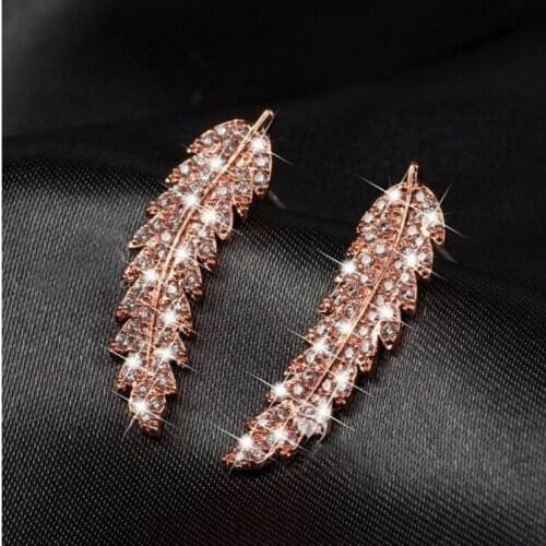 Rose Gold Simple Shine White Crystal Zircon Leaf Silver Color Stud Earrings Bride Wedding Engagement Jewelry Gift for Women