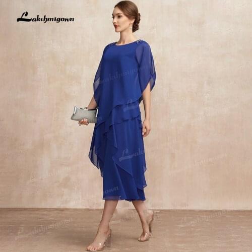 Royal Blue Mother of the Bride Dresses 2021 Chiffon Ruffle Dress Short Sleeves Irregual Mother Dress for Evening Wedding party