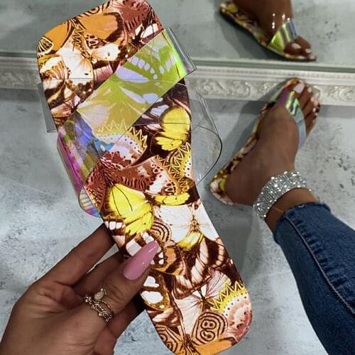 Female Shoes Ladies' Slippers Summer Clogs Woman Big Size Transparent Heel Low 2021 Beach Flat Slides Basic Rubber PU Rome Flora