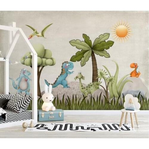Nordic nostalgic cartoon dinosaur illustration children room background wall decoration wallpaper murals