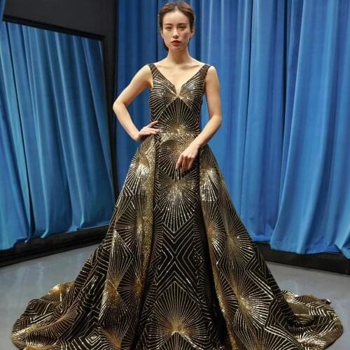 DD JYOY Long Train Gold A Line Evening Dress Luxury Sequined V Neck Long Prom Party Gown Open Back Sleeveless Black Lining