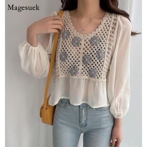 Korean Style Women Tops 2021 Summer Hollow Out O-Neck Blouse Elegant Casual Long Sleeve Chiffon Blouses for Women Blusas 13794