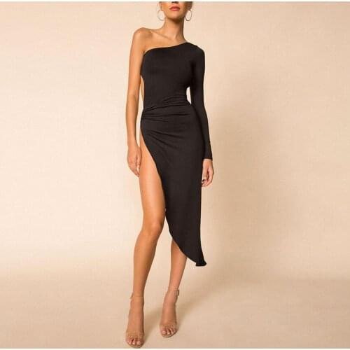 Summer Women Hot Sexy Solid Color One Shoulder Side Slitting Hollow out Party Female Midi Bodycon Dresses for Women 2021