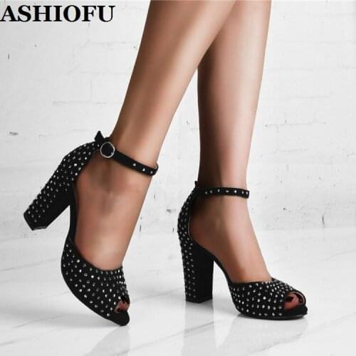 ASHIOFU Classic Handmade Ladies Chunky Heels Sandals Real-photos Rivets Spikes Peep-toe Shoes Evening Black Fashion Sandal Shoes