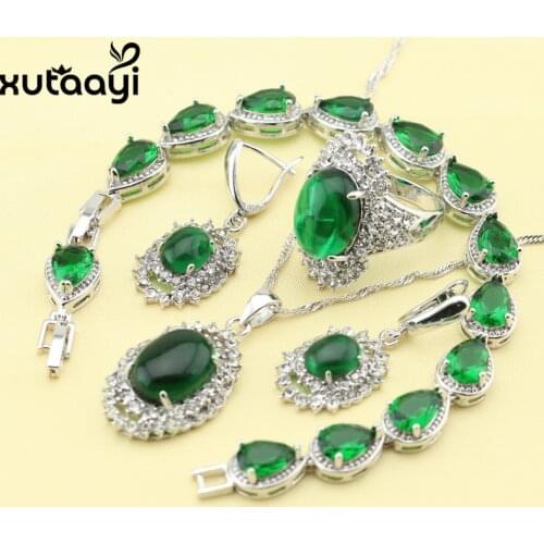 Fashion Sterling Silver colorcolor Overlay Jewelry Sets For Women Green Created Emerald Smooth Necklace Rings Earrings Bracelet