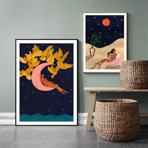 Woman Bathing On The Roof Art Print Painting Abstract Body Pictures Pink Moon Sun Canvas Posters Nordic Bedroom Wall Decoration