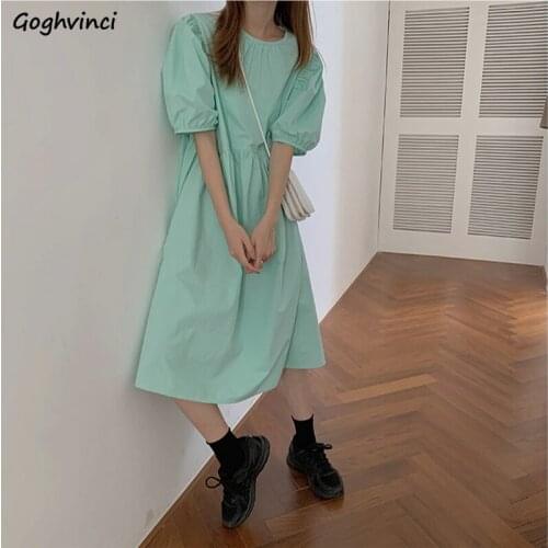 Dress Women Half Sleeve Green Basic Design Korean Sweet Style All-match Students Lovely Harajuku Fashionable Loose Popular Chic