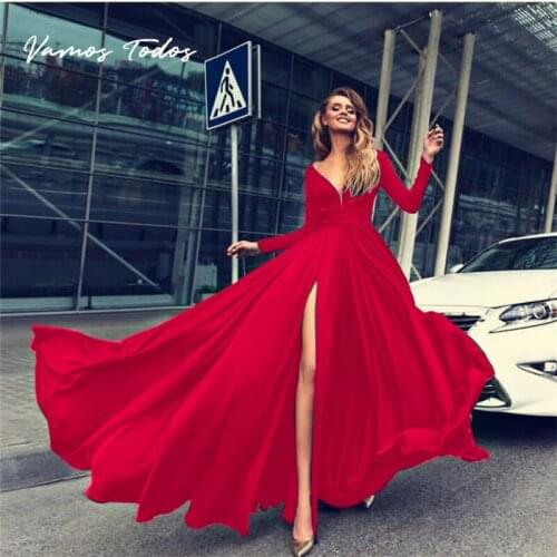Maxi Dress Sexy Evening Dress High Split Elegant Dresses for Women Long Sleeve Wedding Dress Deep V-neck Party Dress for Wedding