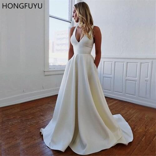 HONGFUYU A-line Satin Prom Party Dresses with Pockets V Neck vestido de formatura Formal Gowns Evening Dress Open Bowknot Back