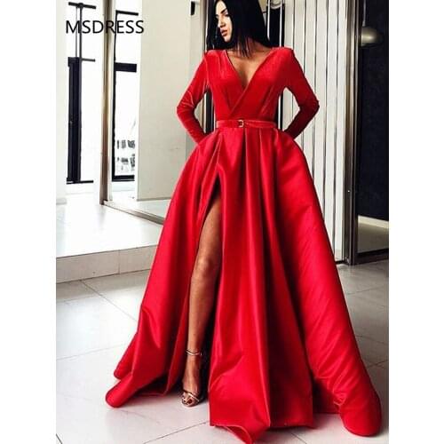 Black Sexy Evening Dresses Deep V-Neck Long Sleeves Satin Formal Dress High Slit Dubai Kaftan Arabic Elegant Evening Gowns 2019
