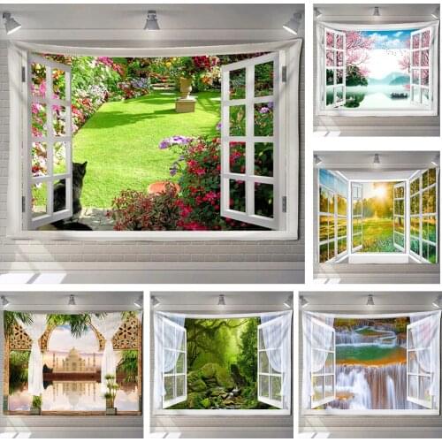 Imitation Window Forest Landscape Painting Tapestry Wall Hanging Bohemian Style Psychedelic Mandala Home Decor