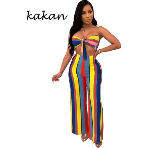 Kakan summer new hot sexy womens jumpsuit two-piece print striped wide leg jumpsuit suit color bow backless jumpsuit
