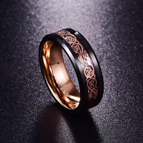 8mm width 100% genuine wedding band tungsten carbide rings Black rose gold tungsten steel ring with rose gold dragon
