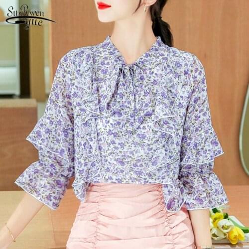 Korean Printed Bow Chiffon Blouse 2020 Summer Women Tops and Blouses Elegant Office Lady Floral Shirts Clothing Blusas 9578