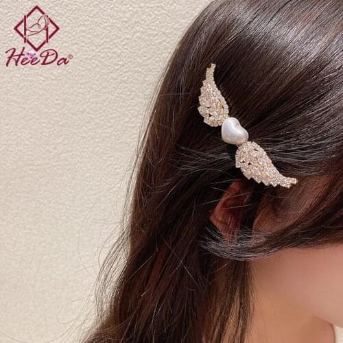 Korean Girls Graceful Pearl Wing Hairpins Womens Shiny Set Auger Fun Hair Accessories Women Creative Feather Bomb Hair Pin 2020